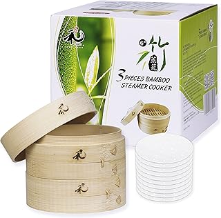 Yuho Asian Kitchen 6 Inch Bamboo Steamer Basket, Individually Box, 2 Tiers & Lid, 10 Parchment Liners, Perfect For Steaming Dumplings, Vegetables, Meat, Fish, Rice (Holiday Gifts)