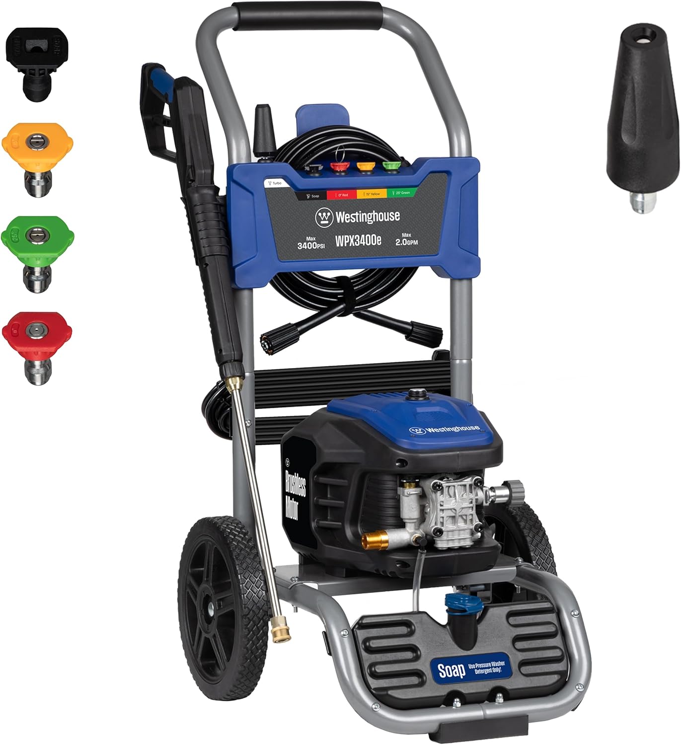 Westinghouse WPX3400e Electric Pressure Washer, 3400 Max PSI and 2.0 Max GPM, Brushless Motor, Onboard Soap Tank, Spray Gun and Wand, 5 Nozzle Set, for Cars/Fences/Driveways/Homes/Patios/Furniture