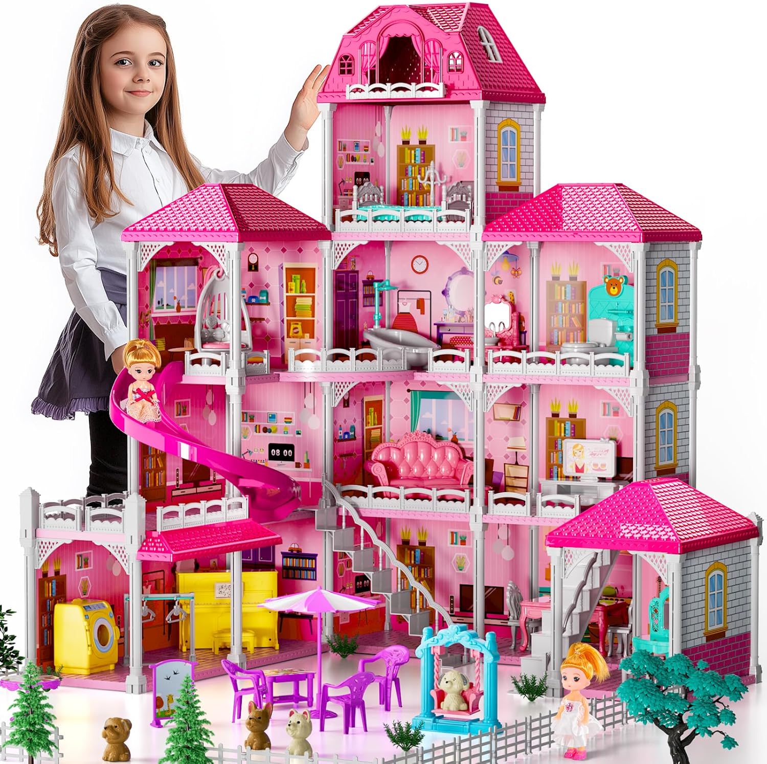 Villa Girls Toys for Kids Ages 2 3 4 5 6 7 - Indoor and Outdoor Toys for Ages 3-8 with 2 Dolls, Pretend Toddlers Playset with Accessories and Furniture, 4-8 Year Old Girl Birthday Gifts