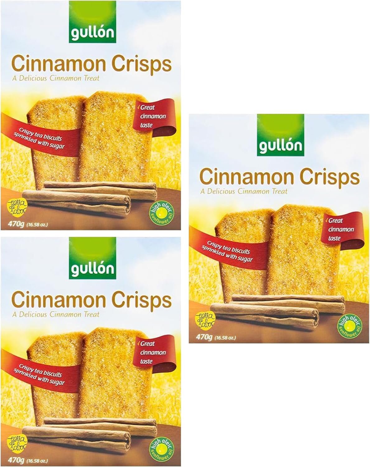 Gullon Cinnamon Crisps 470g | A Delicious Cinnamon Treat | Crispy Tea Biscuits Sprinkled With Sugar | Traditional Spain Cinnamon-Toasted Breakfast (Cinnamon Crisps 470g, 3 Pack)