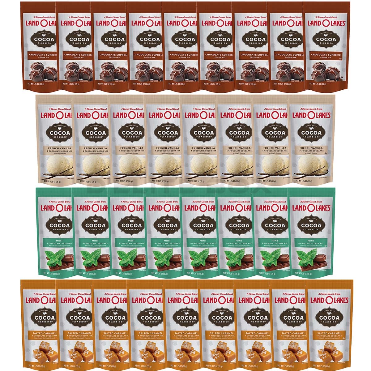 Hot Cocoa 34 Packet Assortment Gift Pack - 34 (1.25 oz) Packets of 4 Favorite Flavors - Chocolate Supreme, Mint, French Vanilla, and Salted Caramel by D’Elite Box
