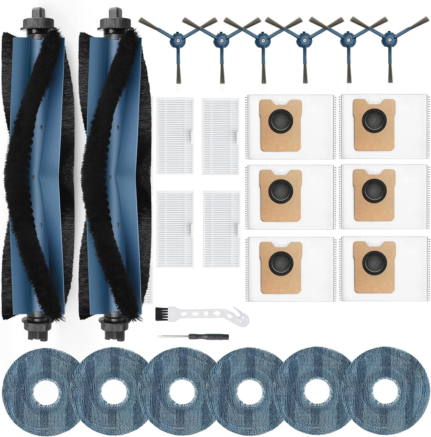 23-in-1 Replacement Parts Kit for Eufy RoboVac C20 Omni – Includes 2 Roller Brushes, 4 HEPA Filters, 6 Mop Pads, 6 Side Brushes, 6 Dust Bags, Cleaning Tool & Screwdriver
