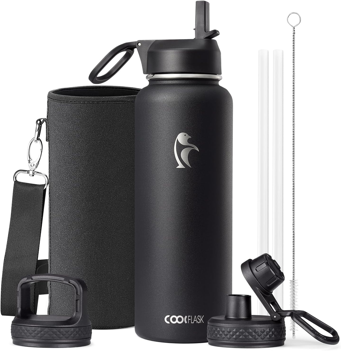 Coolflask 40 oz Water Bottle Insulated with Straw & 3 Leakproof Lids | Water Flask Stainless Steel Triple-Wall Vacuum,Cold 48+h,Dishwasher Safe,Wide Mouth, BPA-Free,Carrier Bag,for Gym,Hiking