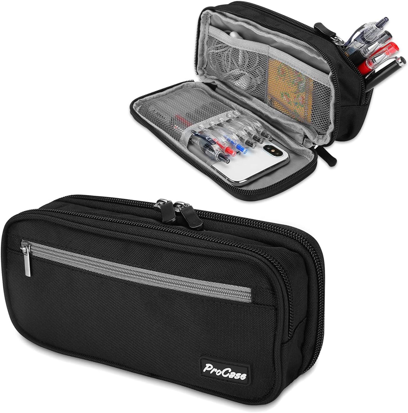 ProCase Pencil Case Pen Bag, Two Layers Big Capacity Pencil Pouch Pen Organizer Durable Stationery Holder for Marker Organization School Supplies Office Storage Desk Organizing