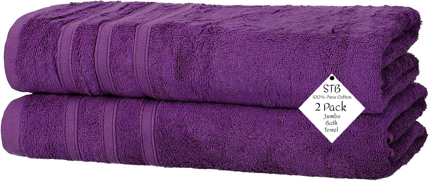 S & B Pack of 2 Jumbo Bath Towels Sheets 100% Pure Cotton Quick Dry Gym, Spa, Hotel Quality 500-GSM Large Size Bathroom Towels 75 x 150 cm (Purple)