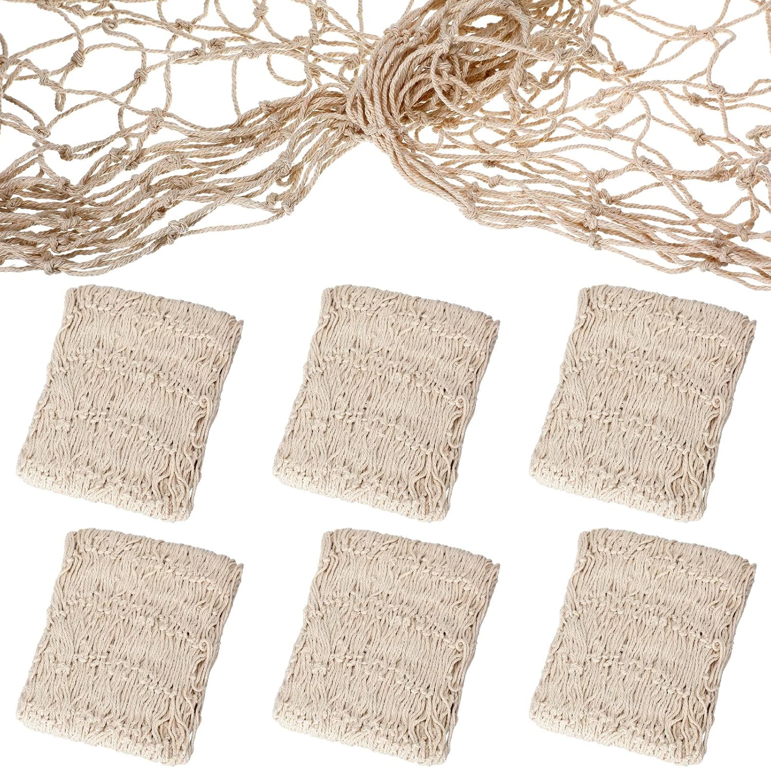 Shappy 6 Pack Natural Fish Net Decorative Cotton Fishnet Decor for Pirate Party, Mermaid Nautical Hawaii Luau Ocean Themed Wall Hanging Beach Bash Decoration Supplies (Beige)