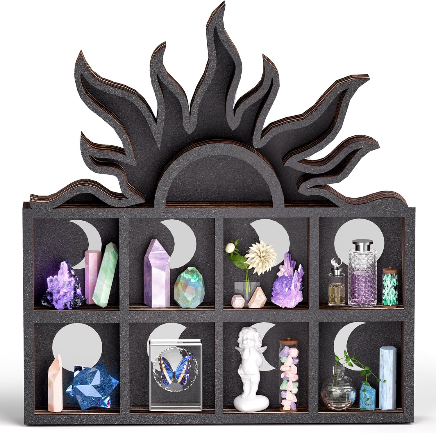 Qmetalart Sunrise Trinket Shelf, Sun Moon Crystal Display Shelf Storage Wall Hanging Wooden Floating Shelves with Moon Phase Cut-Out Designs for Rock Gem Stone Showcase Organizer Wall Tabletop Decor