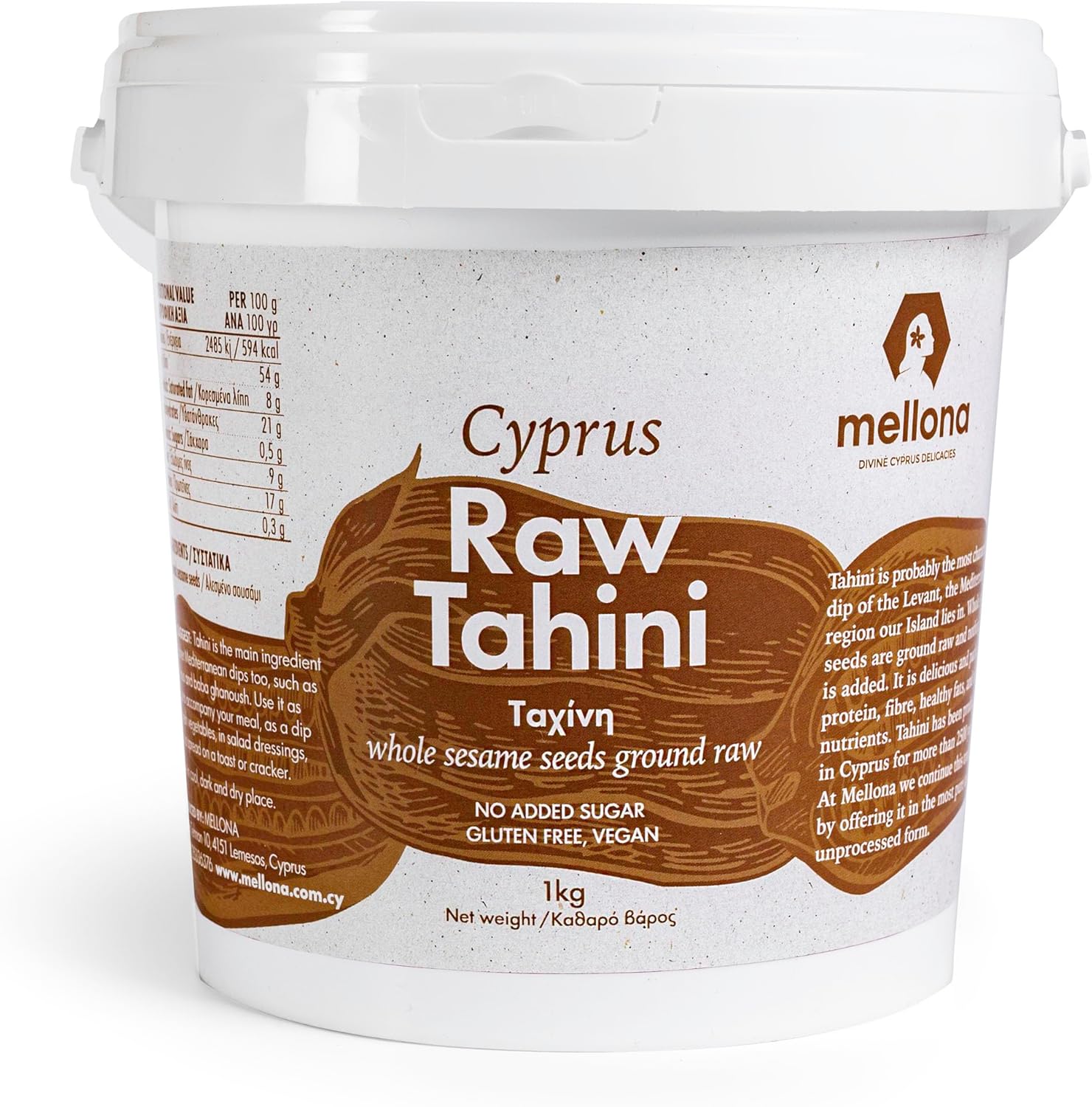 Mellona Raw Tahini Paste, All Natural From 100% Ground Sesame Seeds, 1KG Convenient Bucket With Handle, Perfect Ingredient for Dips, Sauces and Houmous, Nothing Added, Gluten Free and Vegan, 1KG