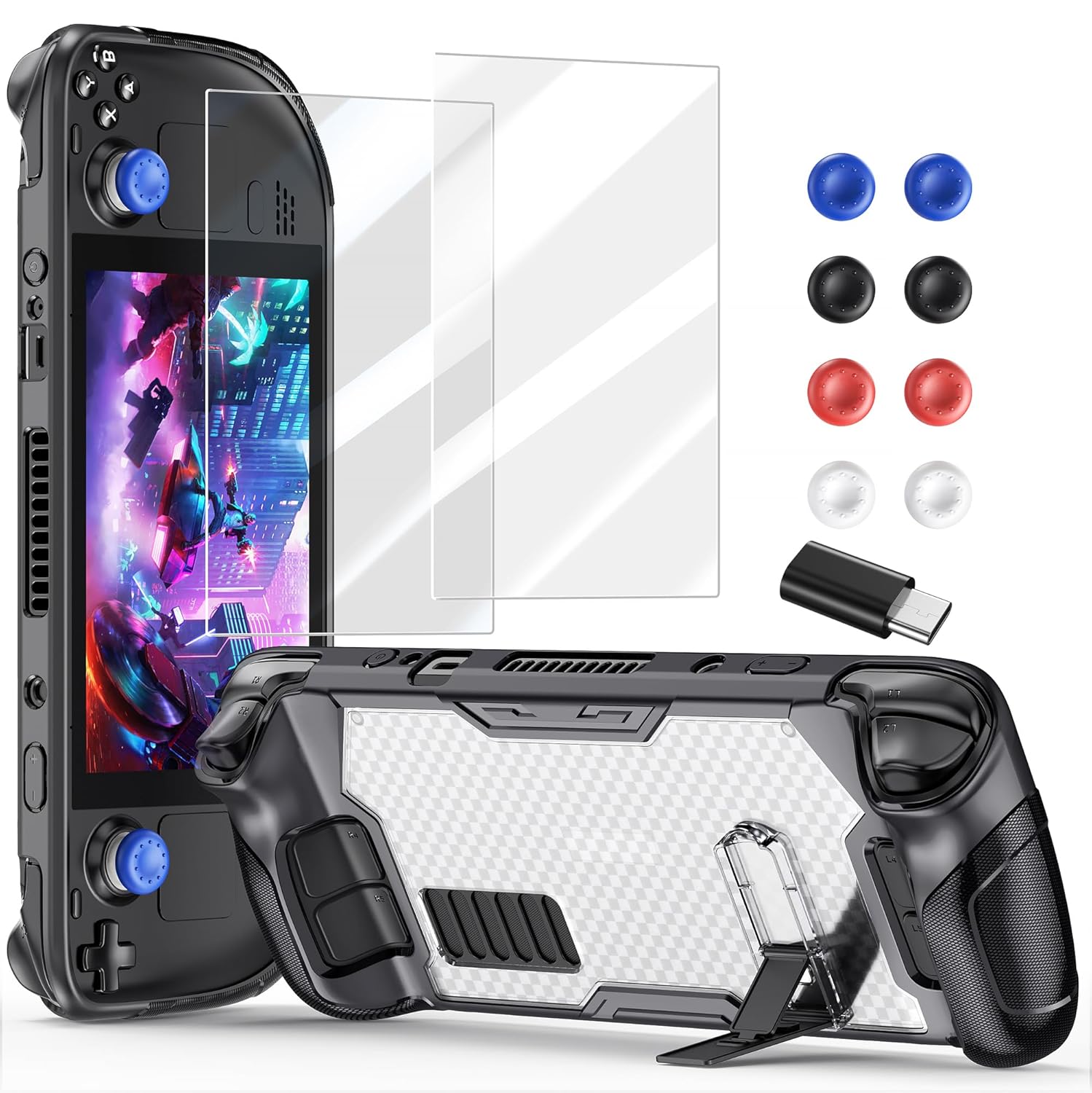Accessories for Steam Deck & OLED, TPU Soft Cover with 3-Level Adjustable Magnetic Kickstand, Type C Adapter, 8 Thumb Grip Accessories for Steam Deck OLED with 2pcs HD Screen Protectors