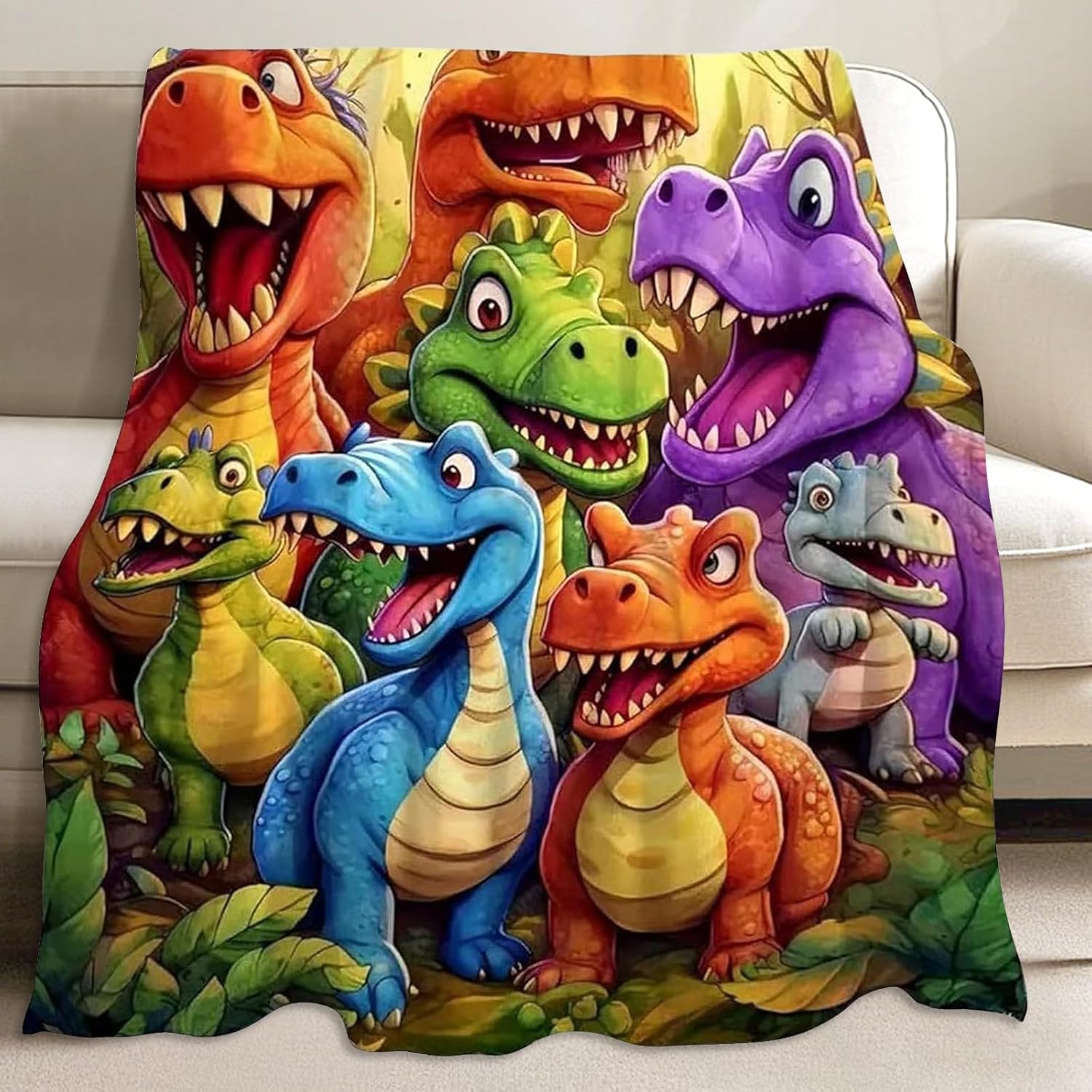 Cute Smiling Dinosaurs Hd Digital Print Flannel, Ultra-Soft Dinosaur Flannel Blanket, Soft Funny Throw Blanket 3D Dinosaur, Soft Warm Fleece Blankets and Throw, Birthday