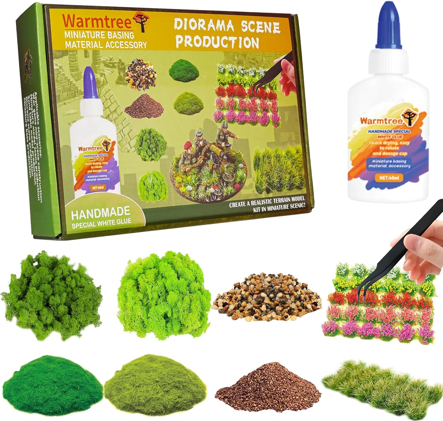 Warmtree Miniature Basing Material, Battlefields Basing Set, Static Grass Bushy Tufts Miniature Flowers Basing Glue for Train Railroad Scenery Military Layout Model and Diorama Supplies