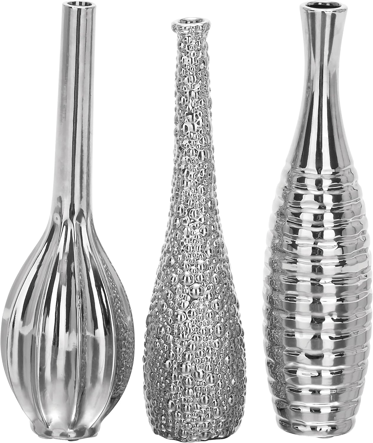 Deco 79 Ceramic Decorative Vase Slim Textured Bottleneck Centerpiece Vases with Varying Patterns, set of 3 Flower Vases for Home Decoration 3" x 3" x 12", Silver