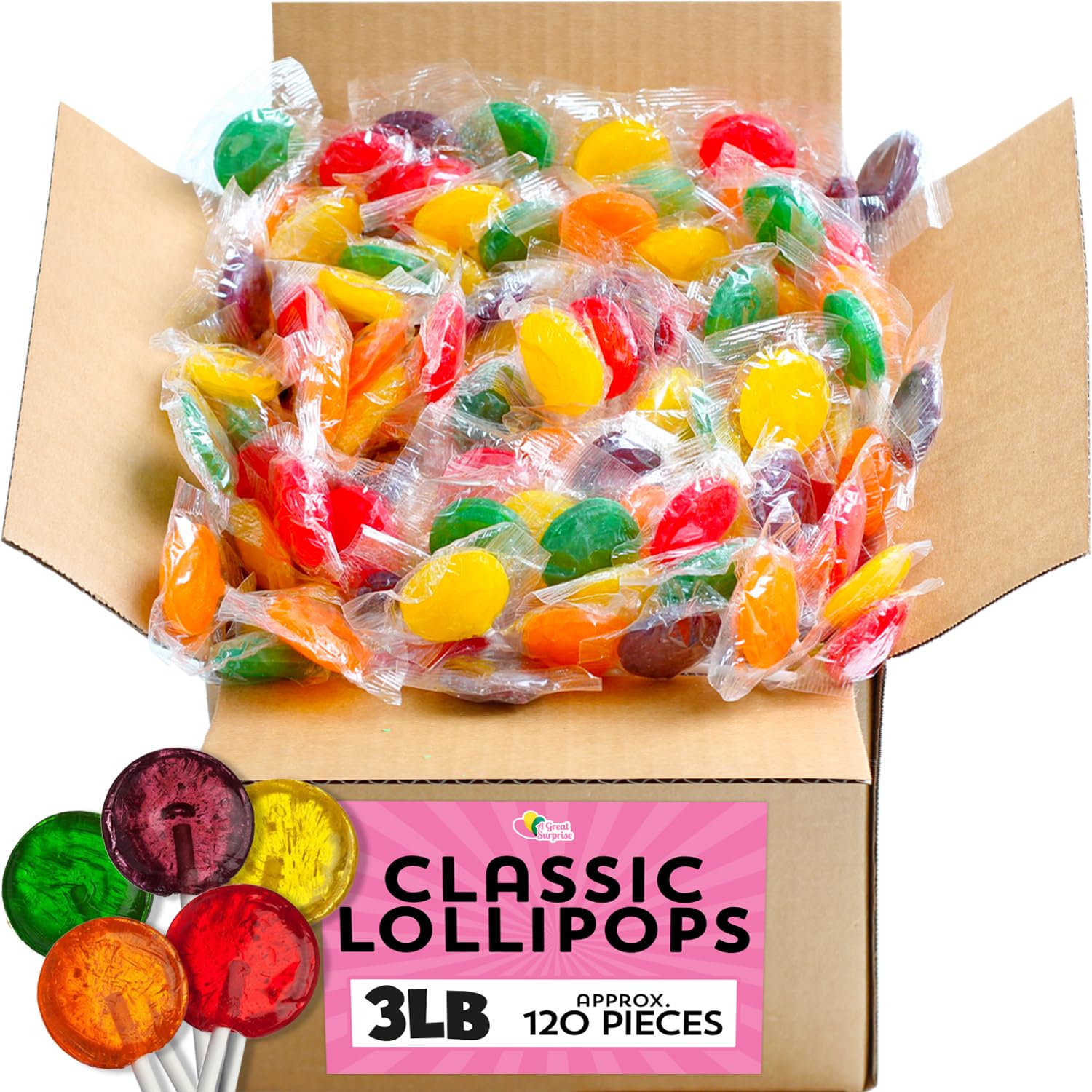 Classic Lollipops - 3 Pounds - Summer Lollipops - Individually Wrapped - Flat Round Bulk Suckers For Kids, Doctors Office, Schools, Banks