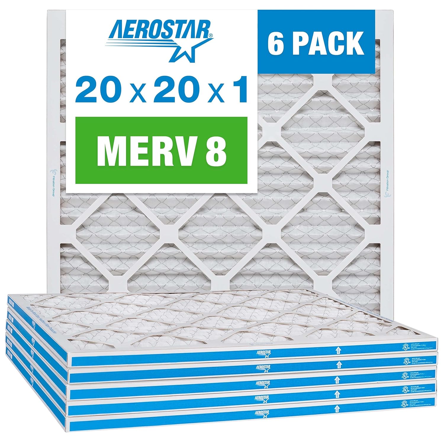 Aerostar 20x20x1 MERV 8 - 6 Count - High Efficiency Pleated HVAC, Furnace & Air Conditioner Filters - Removes Dust, Lint, Mold & Allergy-Causing Pollen