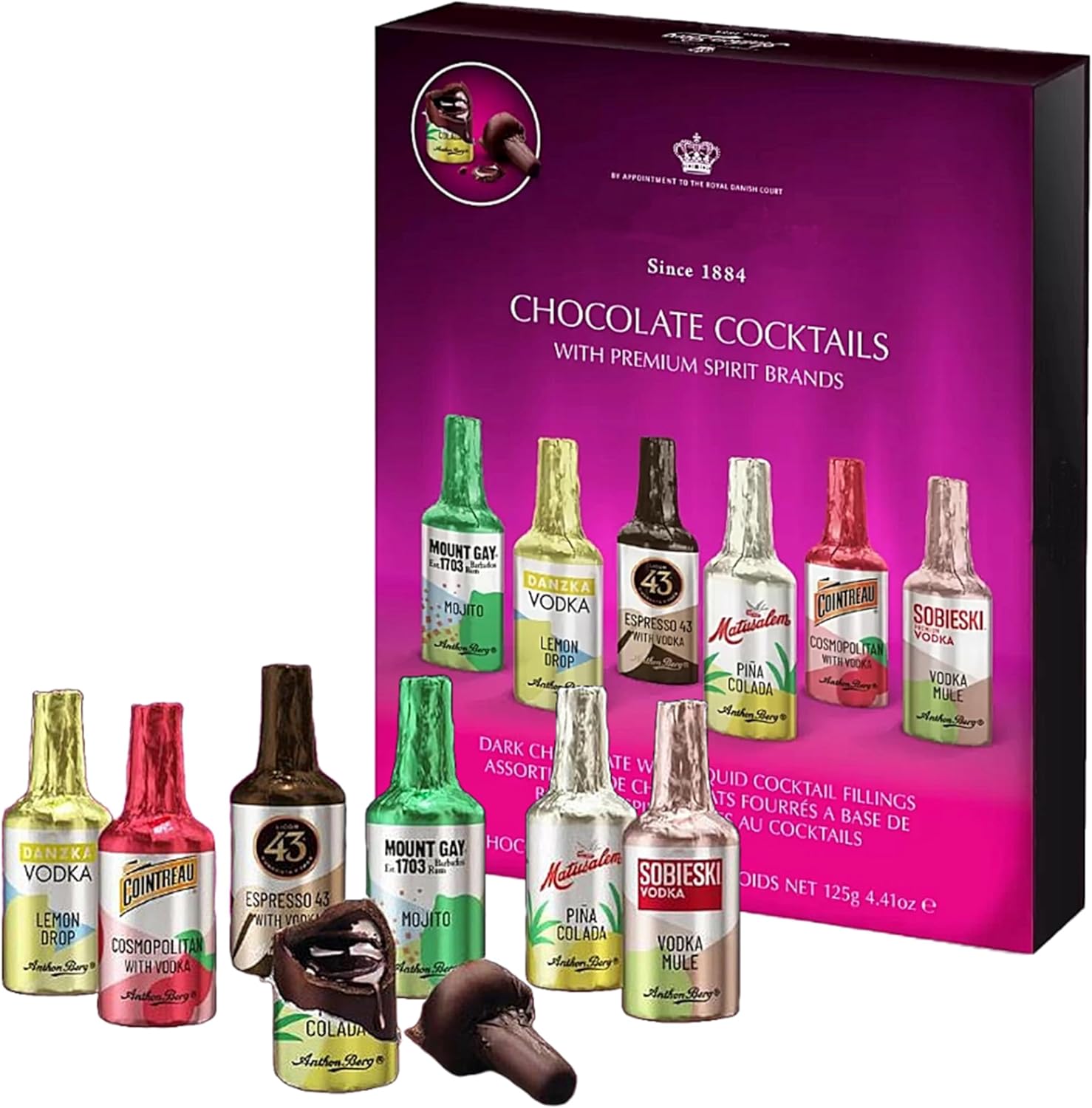 Liqueur Chocolates Gift Box for Womens Gifts -Luxury 8 Cocktails Dark Chocolate Mini Bottles Selection 125g with Topline Card. Chocolate Gift for Stocking Fillers or Secret Santa Gifts for Women