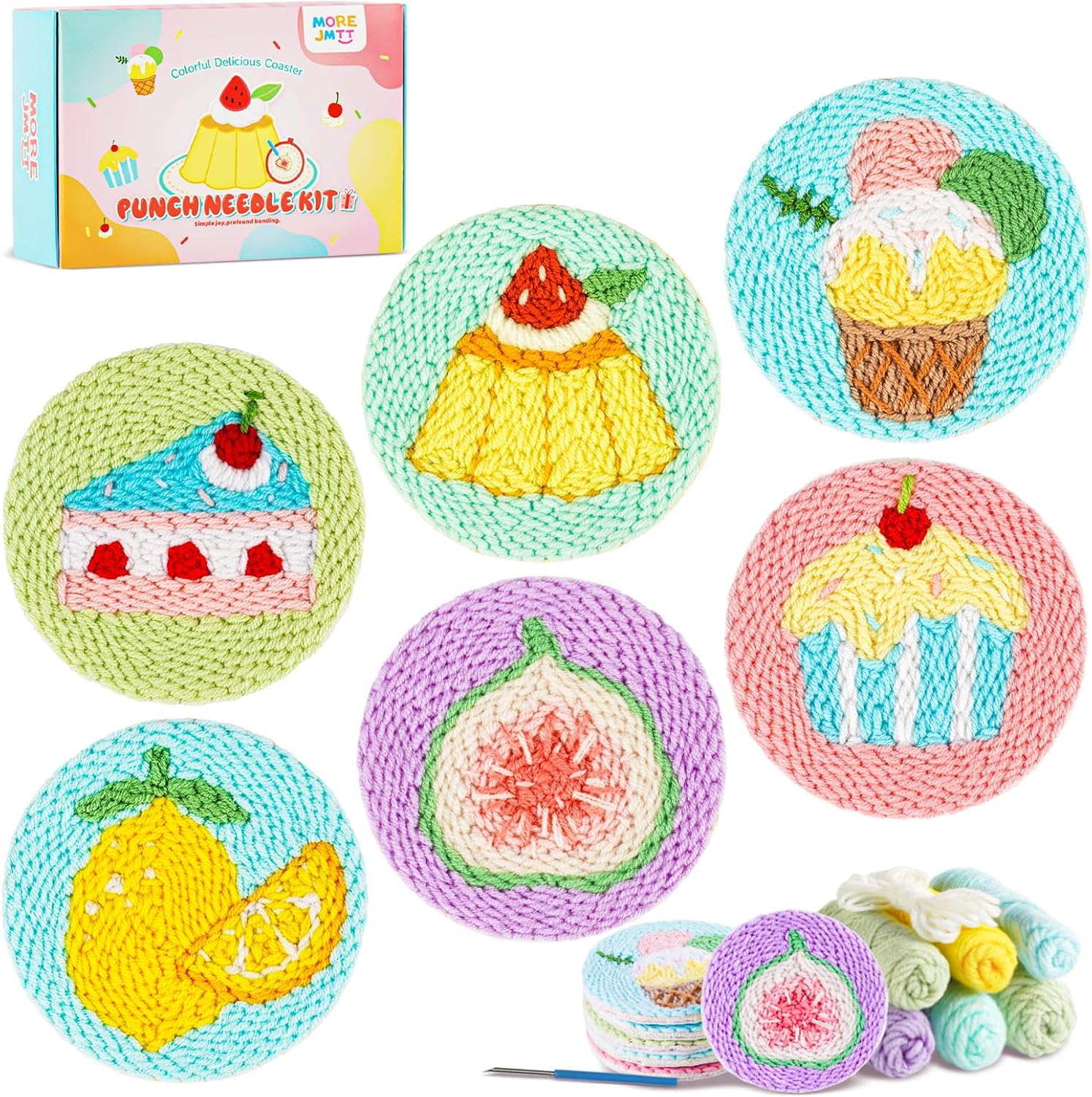 Punch Needle kit-6,Embroidery kit for Beginners,Punch Needle Kits Adults Beginner,Needles, Curved Scissors, a Tool Storage Box, Yarn, Easy-to-Follow Instructions, and Tutorial Videos-Fruit Dessert