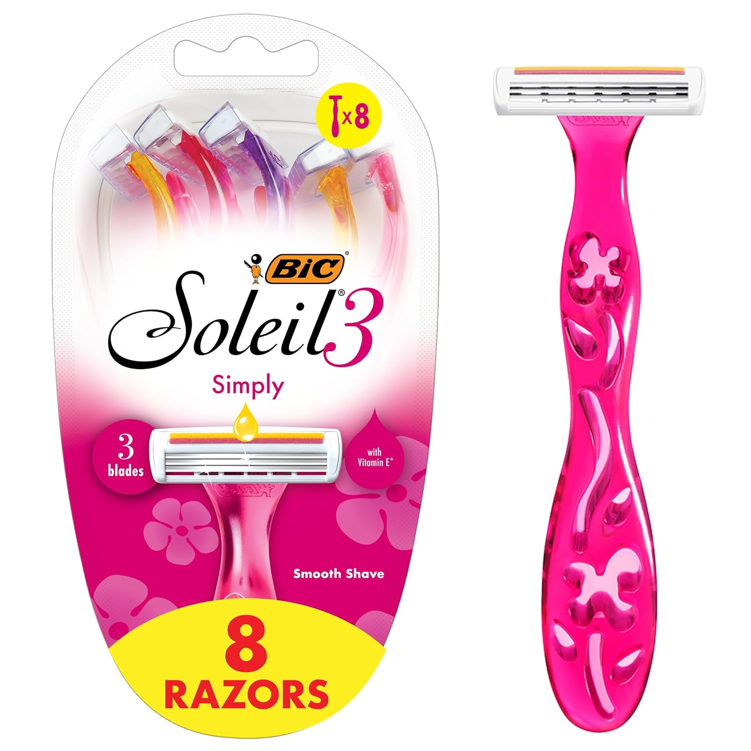BIC Soleil 3 Simply Women's Disposable Razors, 3 Blades With Moisture Strip For a Silky Smooth Shave, 8 Piece Razor Set