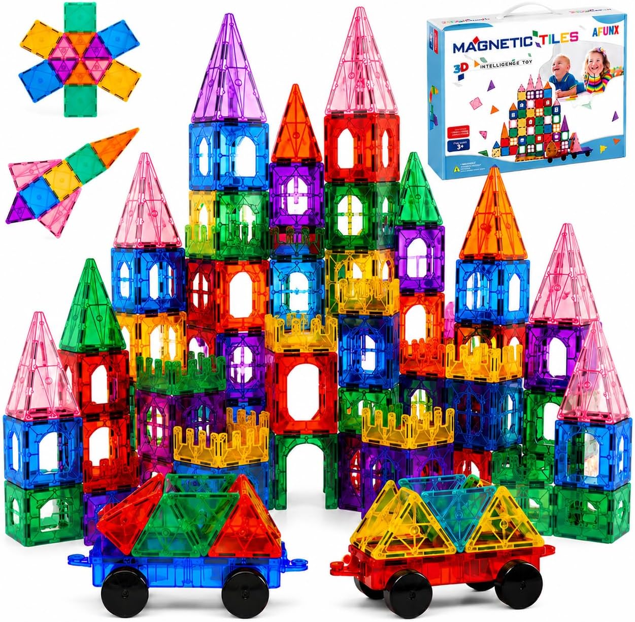 AFUNX 102PCS Magnetic Tiles for Kids,Strong Magnets,3D Clear STEM Toys