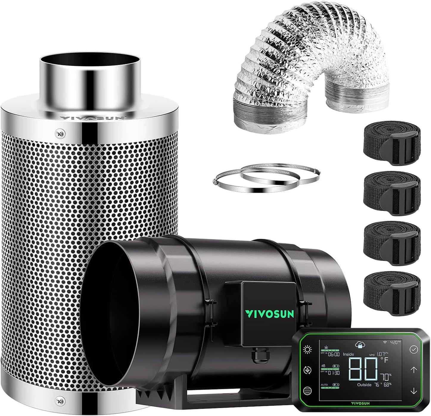VIVOSUN Smart Air Filtration PRO S8 Kit 8", AeroZesh S8 Inline Duct Fan w/GrowHub E42A Temp. Humidity WiFi-Controller, Carbon Filter & Ducting, Cooling & Ventilation System for Grow Tent, Hydroponics