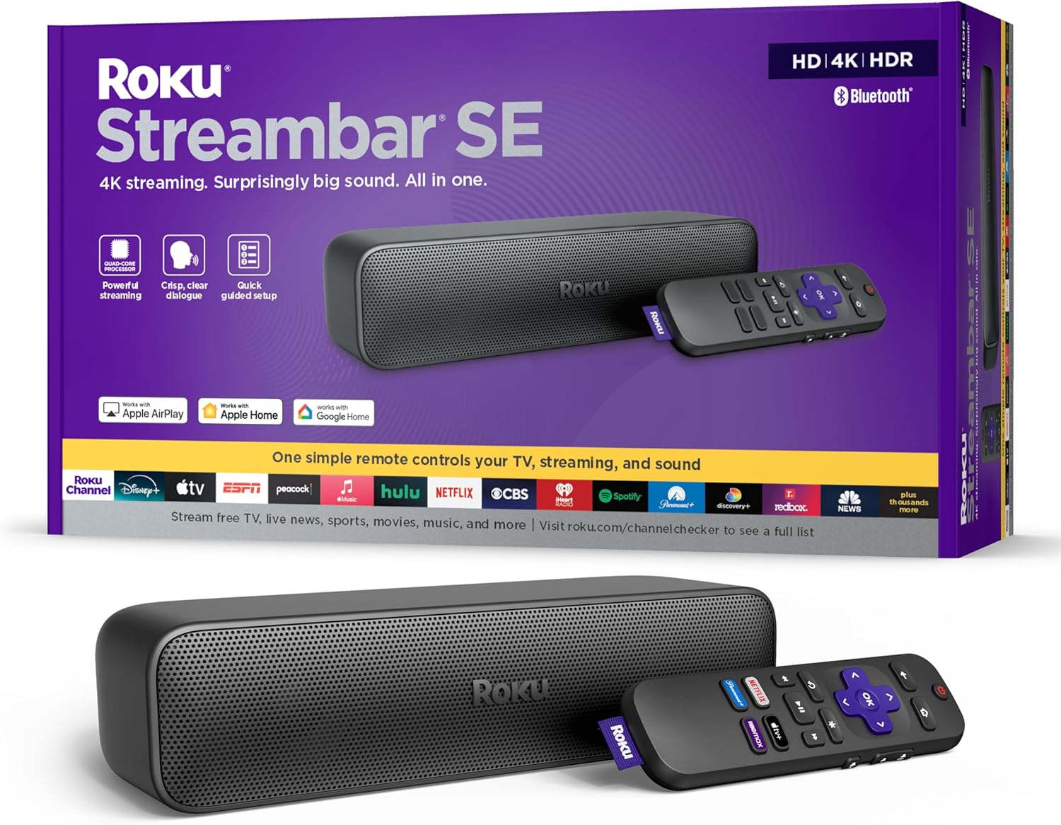 Roku Streambar SE | 2-in-1 TV Soundbar with Built-in 4K/HD/HDR Streaming, Premium Speakers, & Enhanced Speech Clarity for Crisp, Clear Dialogue - Quick Guided Simple Setup