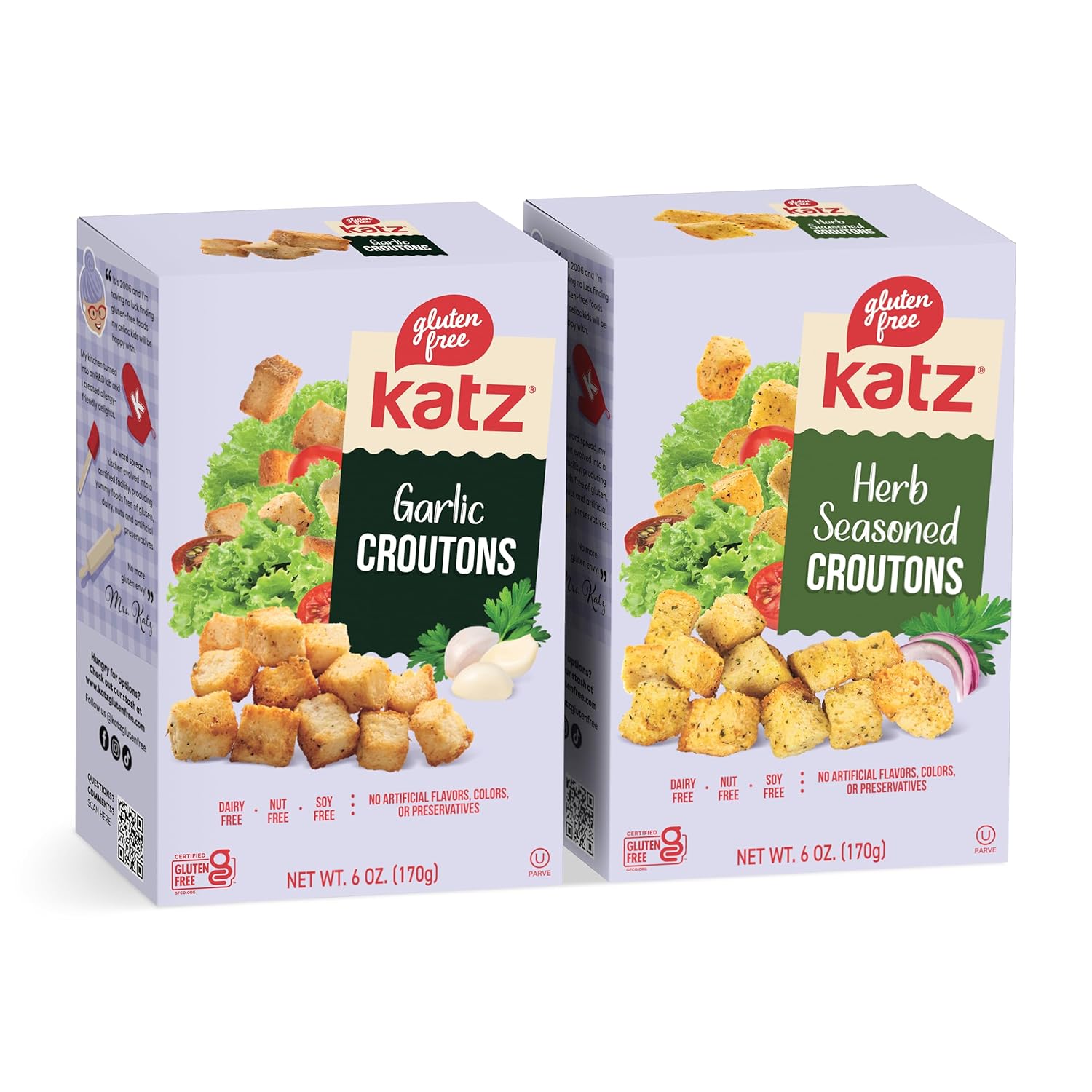 Katz Gluten Free Croutons Variety Pack – Garlic & Herb Seasoned Perfect for Salads & Soups. Dairy-Free, Nut-Free, Soy-Free, Kosher, Allergy-Friendly, No Artificial Additives. 2-Pack (6 oz Each)