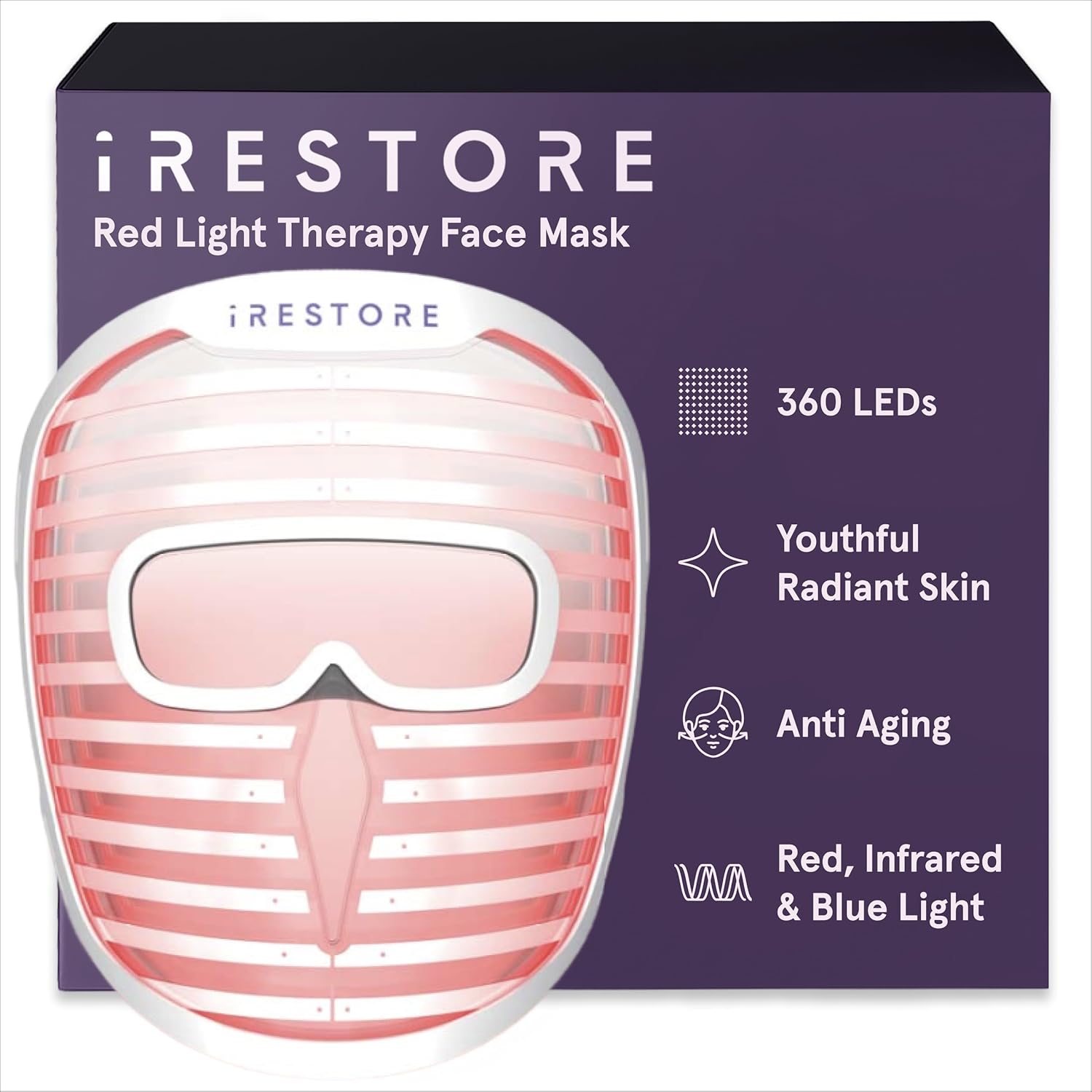 iRestore Red Light Therapy for Face - Anti Aging LED Face Mask for Youthful Radiant Skin with Reduced Wrinkles, Fine Lines - Red, Blue & Infrared Therapy Mask - Facial Skincare Device with 360 LEDs
