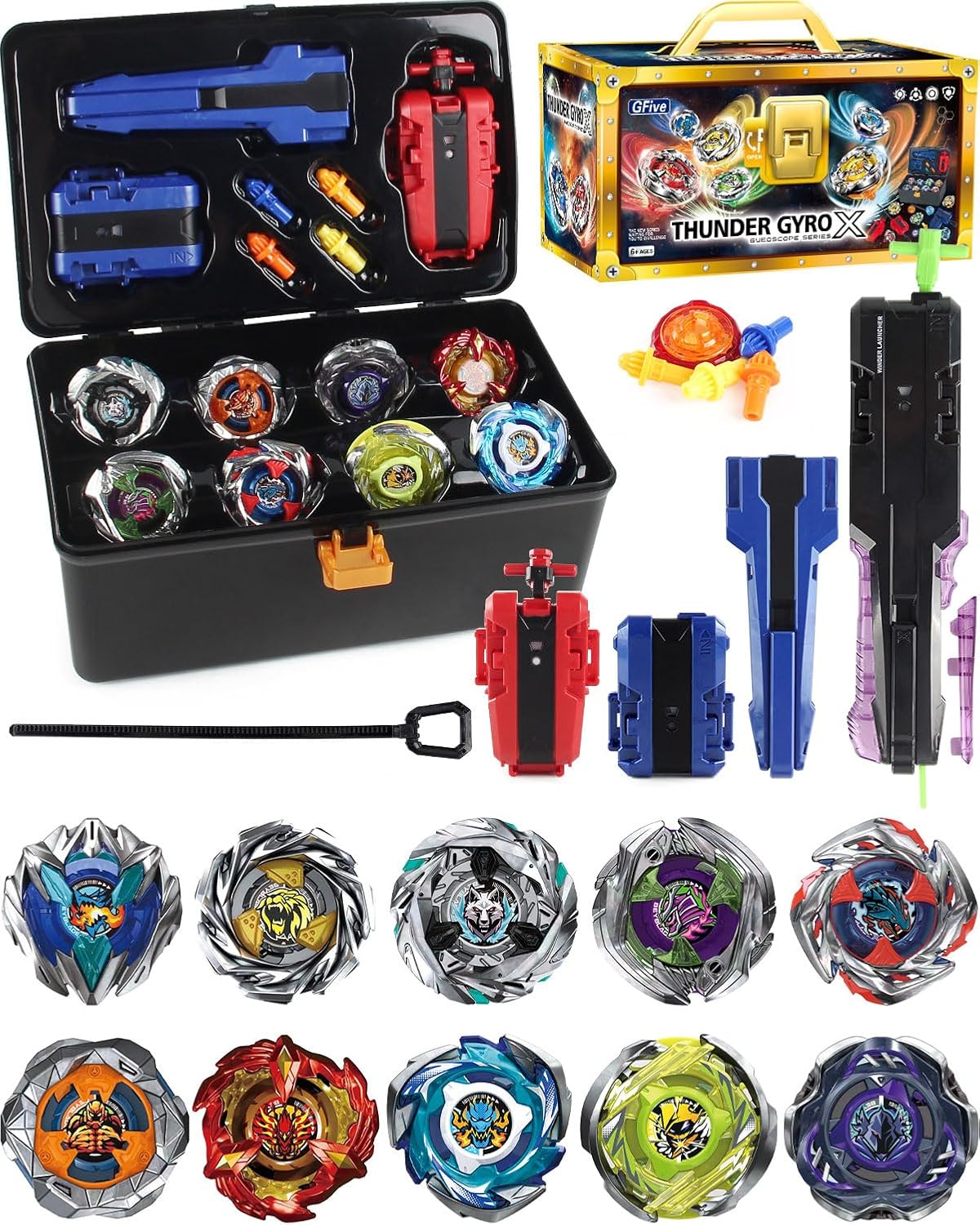 X Bey Drop Attack Battle Set, UX Tops Burst Blade Toy Combat Battling Game Set, 10 Spinning Tops, 3 Launchers and 1 Grip with Storage Box, Kids Toys Birthday Gift Ideal for 6+ Years Old Boys