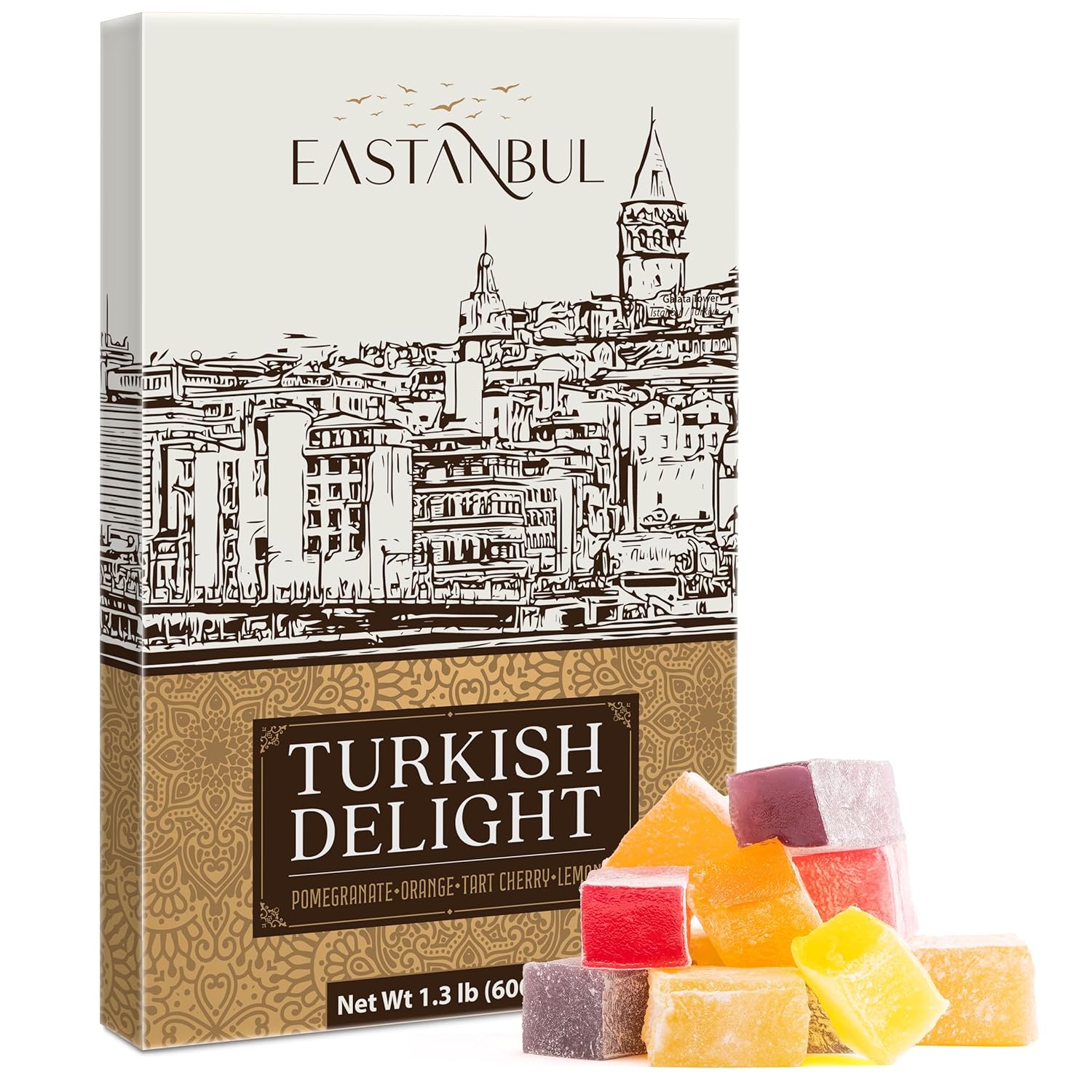 Eastanbul Turkish Delight Candy 21.2oz, 4 Flavors Pomegranate, Orange, Tart Cherry, & Lemon Turkish Delights Assorted, Foreign Candy of Turkish Lokum, Turkish Delight Plain, International Candy Box, Valentine's Day Gift
