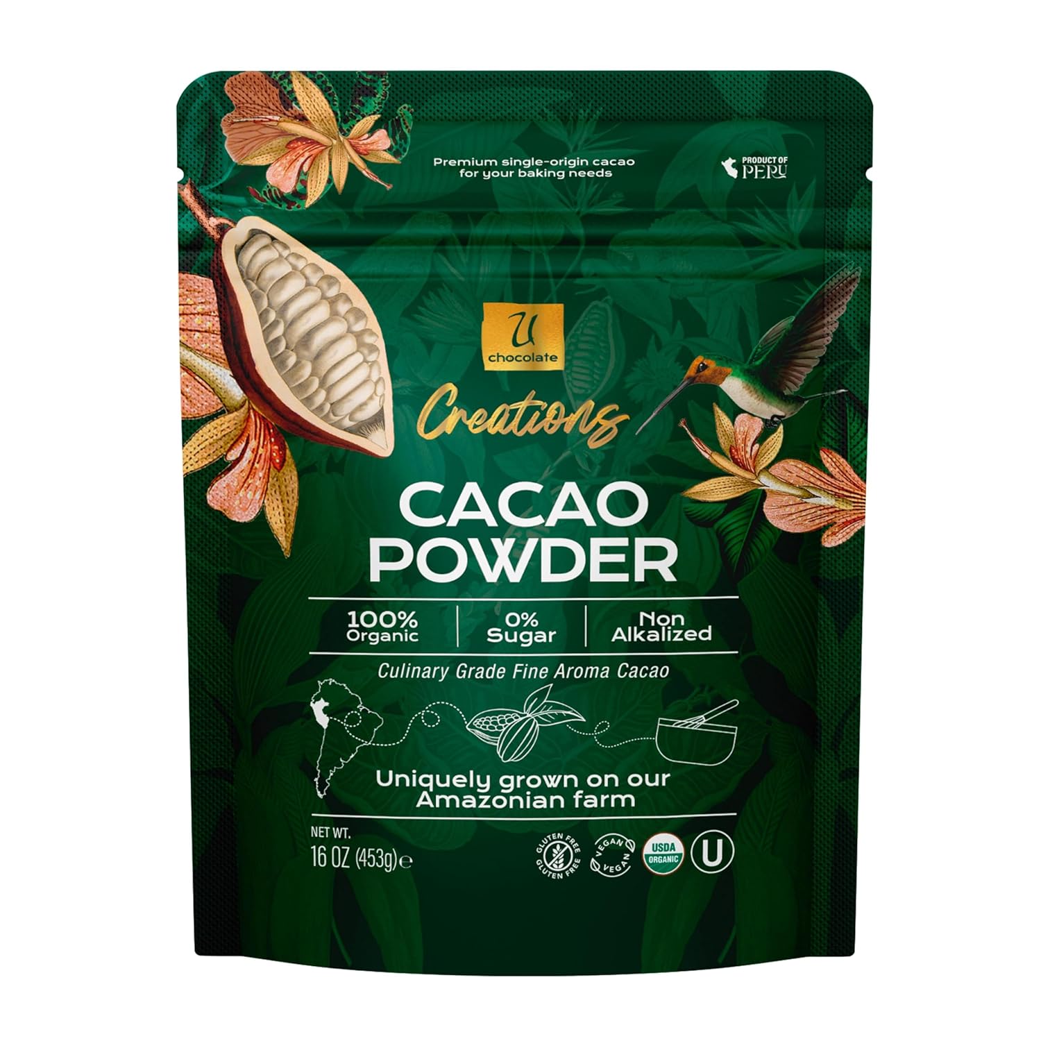 U Chocolate Organic Cacao Powder - Natural - Fresh From our Farm (1 bag (16 oz))