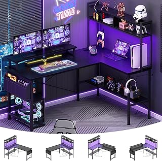 Aheaplus L Shaped Gaming Desk with Power Outlets & LED Lights, Small L- Shaped Desk Computer Corner Desk with Monitor Stand & Storage Shelf, Home Office Desk Writing Desk with Storage Bag, Black