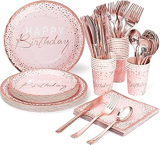 175PCS Happy Birthday Plates and Napkins Party Supplies, Paper Pink and Rose Gold Plastic Forks Knives Spoons Serve 25 Guests for Girl Women