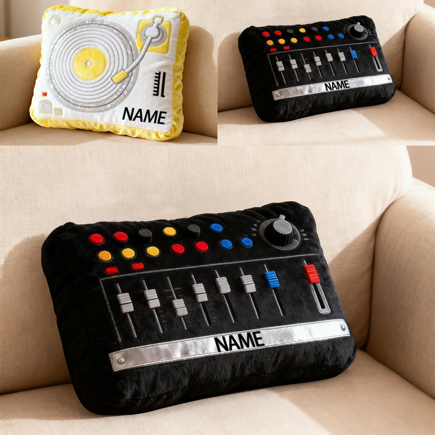 Personalized DJ turntable Shaped Themed Pillow Music Lover Gifts, Custom Name 2D Printed Musical Instrument DJ turntable Throw Pillow Sofa Decorative Cushion Stuffed Pillows
