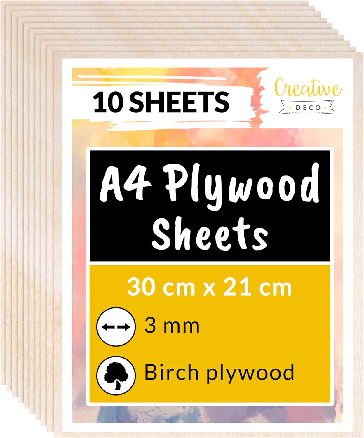 Creative Deco 10 x A4 Birch Plywood Sheets | 300x210x3mm (+/-2mm) Baltic Wood Ply | Perfect Laserable Low Fume Board DIY Home Decor Arts Craft Painting Laser Cutting CNC Stenciling Pyrography