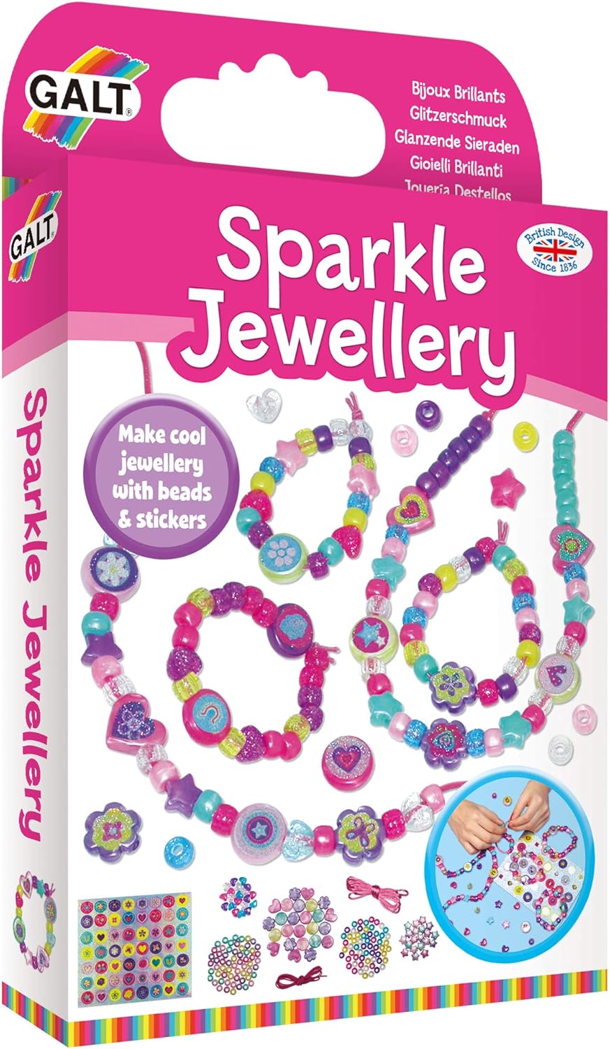 Galt Sparkle Jewellery - Childrens Necklace and Bracelet Making, Craft Kit for Kids - Fun Activity Pack with Colourful Beads and Stickers, Encourages Creativity and Motor Skills - Ages 5 Years Plus