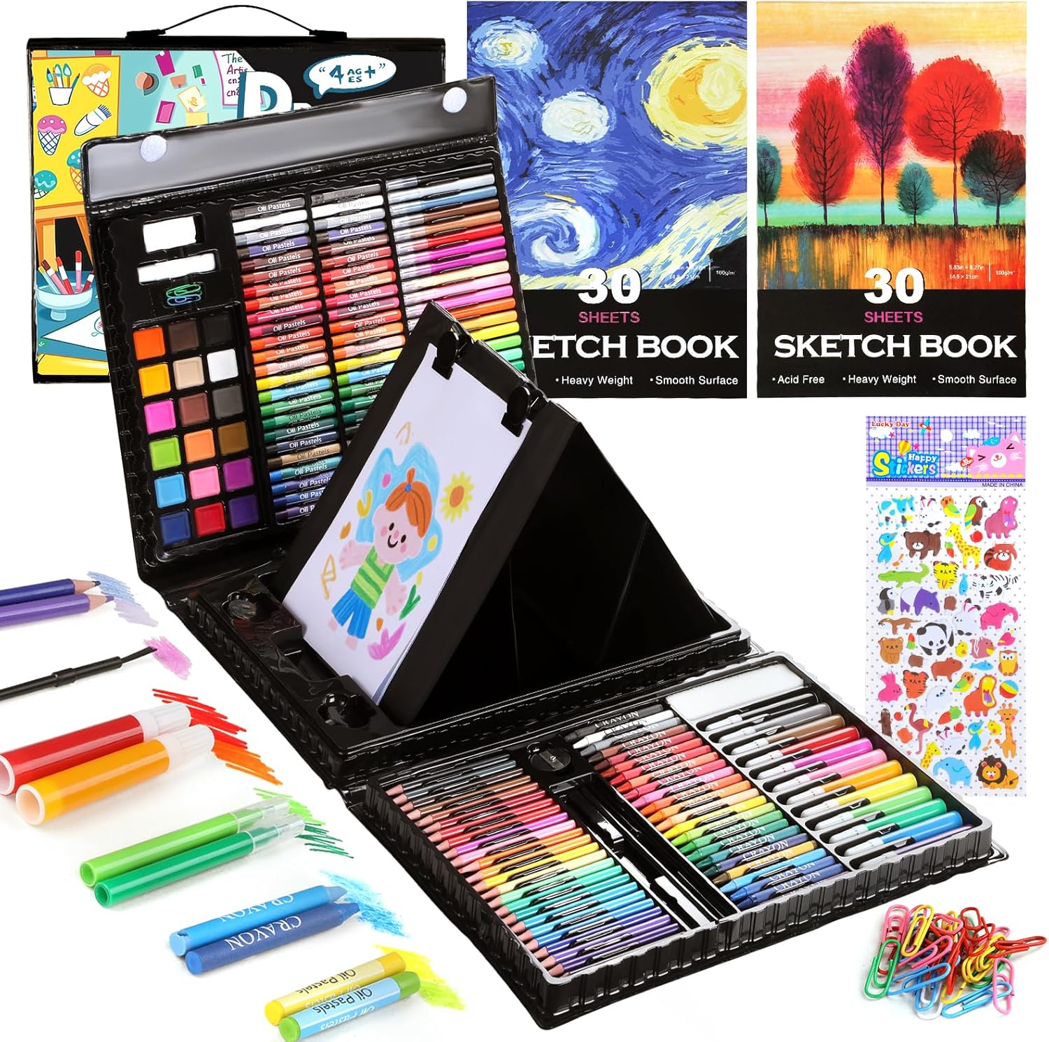 237-Piece Kids Art Set with Double-Sided Easel, Painting Kits for Kids Ages 4-8, Non-Toxic Art Supplies for Girls & Boys, Drawing Set with Watercolor, Oil Pastels, resent for Young Artists-Black