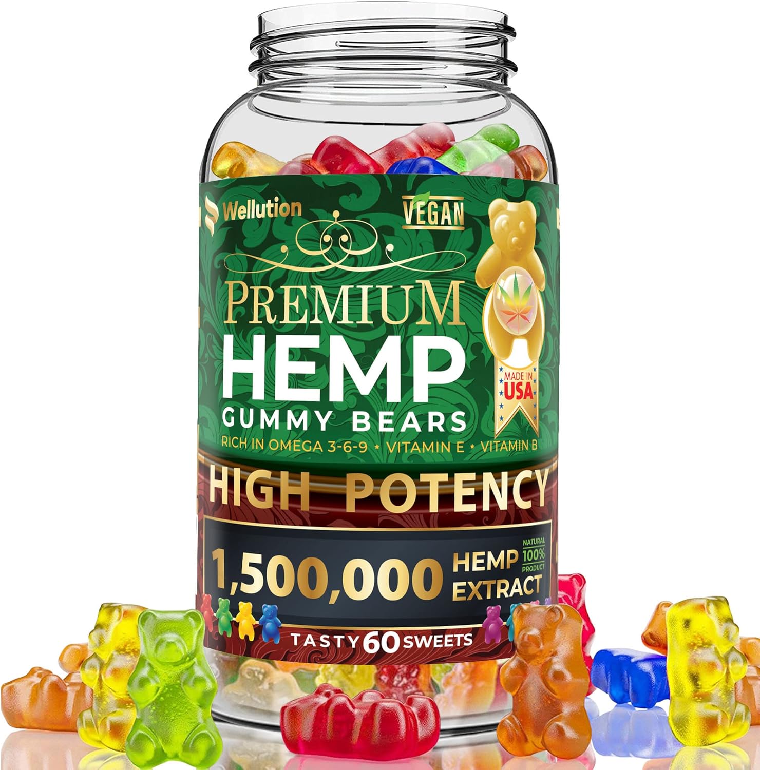 WELLUTION Hemp Gummies 1,500,000 XXL High Potency - (60 Ct.) Fruity Gummy Bear with Hemp Oil - Natural Hemp Candy Supplements with Vitamins E & B and Omega 3-6-9 Fatty Acids