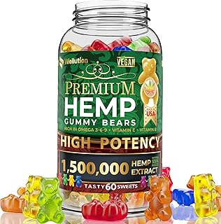 WELLUTION Hemp Gummies 1,500,000 XXL High Potency - (60 Ct.) Fruity Gummy Bear with Hemp Oil - Natural Hemp Candy Supplements with Vitamins E & B and Omega 3-6-9 Fatty Acids