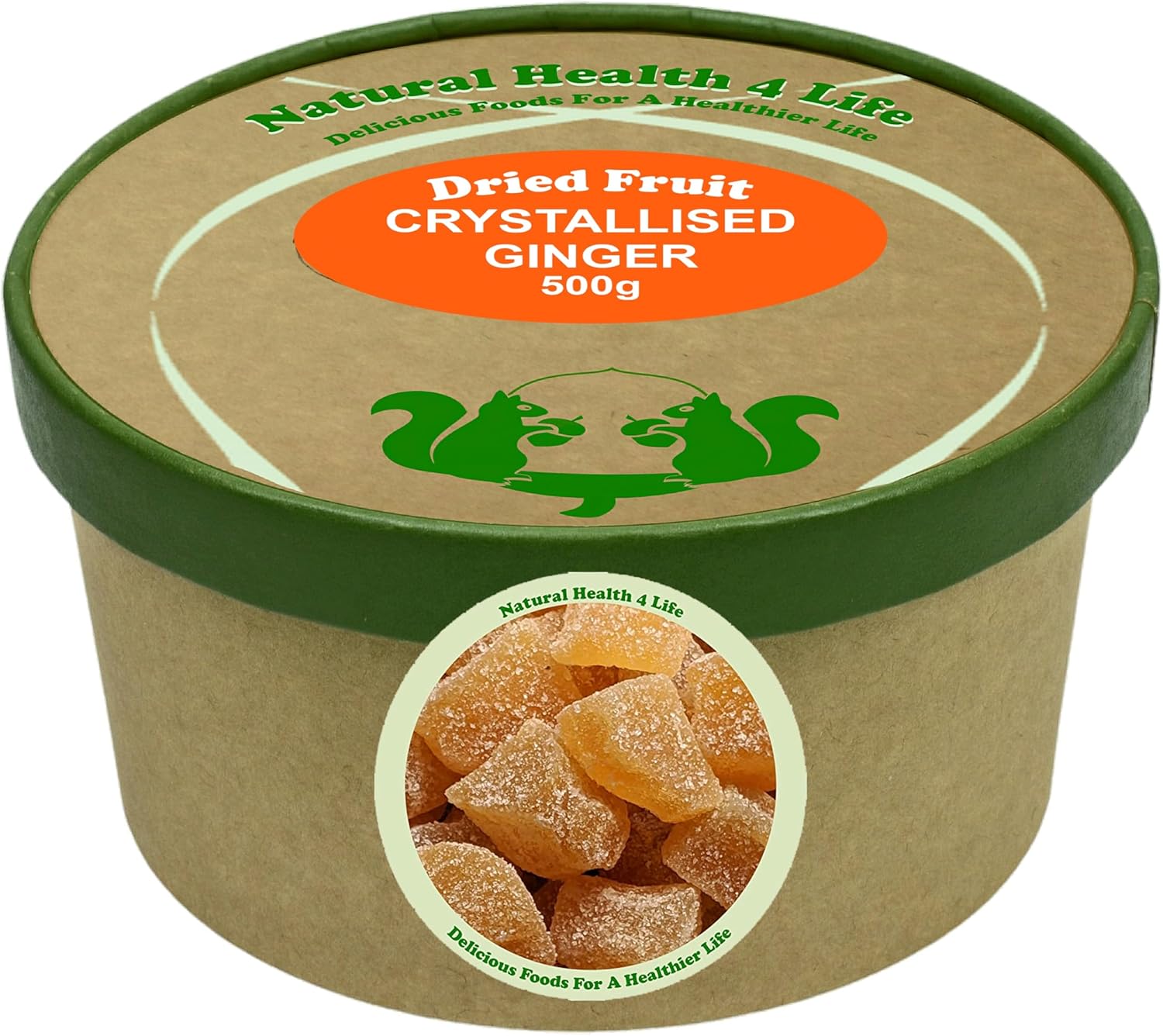 Natural Health 4 Life Crystallised Ginger Chunks 500g - All Natural, Vegan, Gluten-Free, Plant-Based Ginger Sweets for Nausea, Digestion, Baking, Cooking & Snacking - Resealable Kraft Paper Tub.