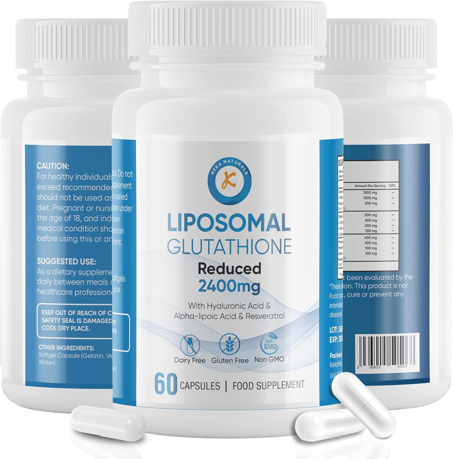 Liposomal Glutathione 2400mg, with Hyaluronic Acid, Resveratrol, Active Form L-Glutathione Reduced (GSH) Max Absorption, 60 Capsules
