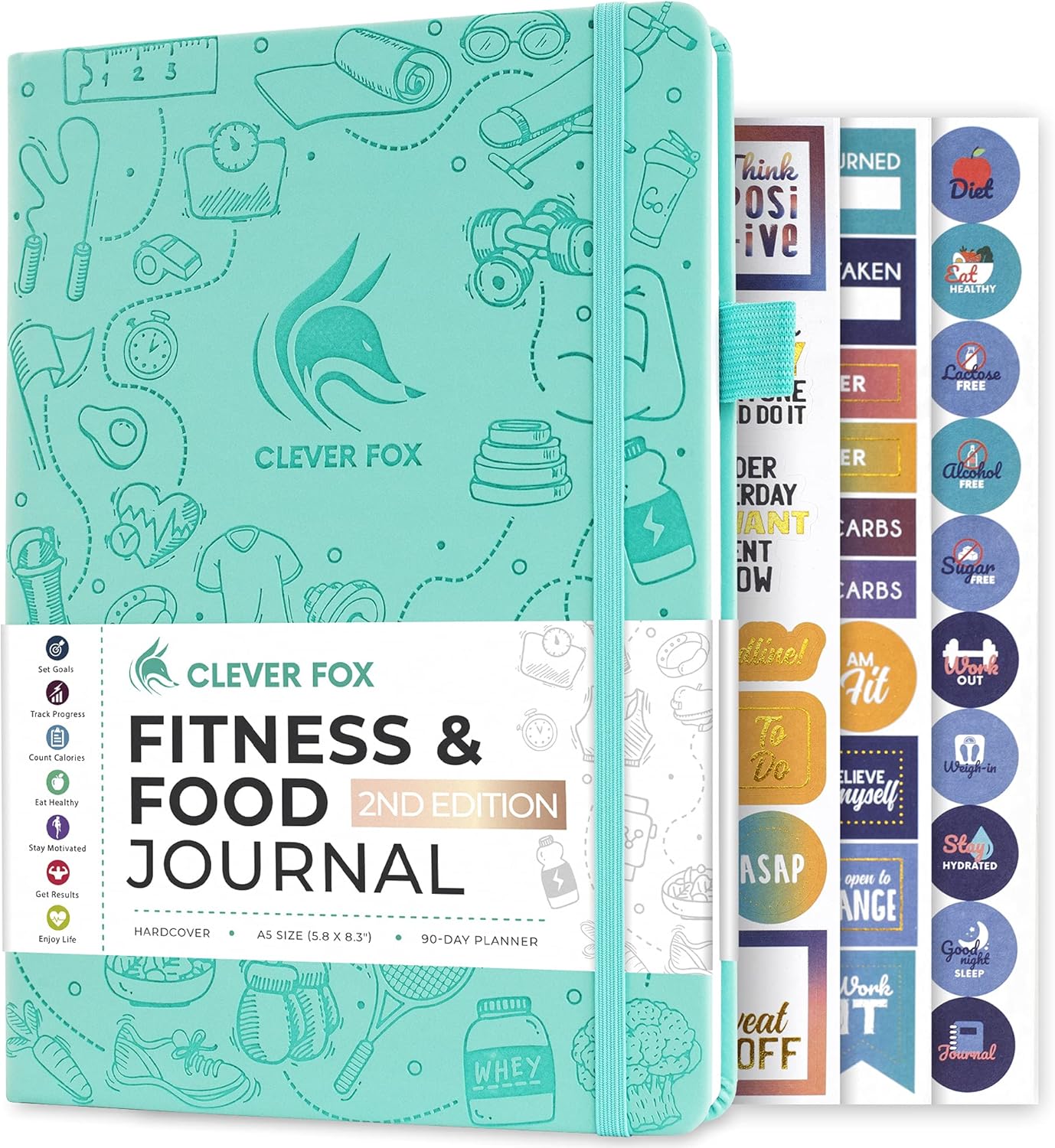 Clever Fox Fitness & Food Journal – Nutrition & Workout Planner for Women & Men – Diet & Gym Exercise Log Book with Calendars, Diet & Training Trackers - Undated, A5, Hardcover (Turquoise)