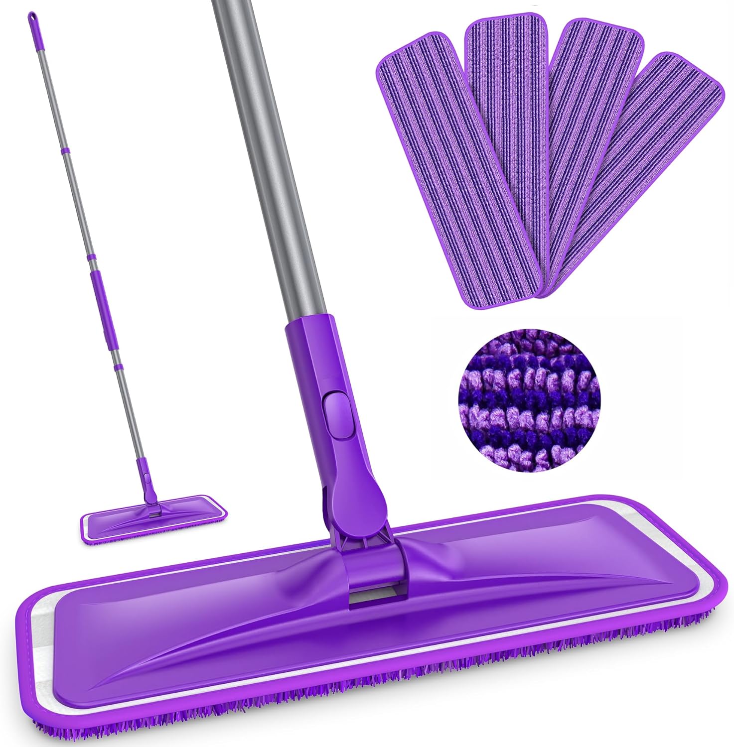 Microfibre Mops for Cleaning Floors - BPAWA Flat Floor Mop with 4 Washable Pads Reusable and Adjustable Handle, Dry Dust Mop for Hardwood Laminate Wooden Tile Vinyl Kitchen Bathroom Floors Walls