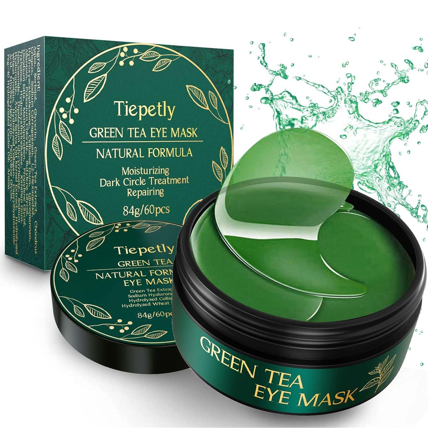 Tiepetly Under Eye Masks with Collagen, Green Tea Eye Patches for Dark Circles and Puffiness, Hydrating, Anti Wrinkle, 60 pcs