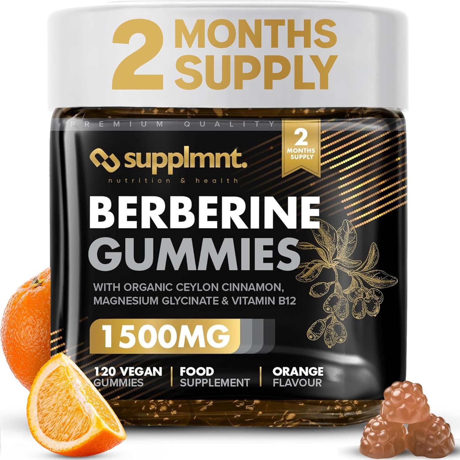 Supplmnt. Berberine Gummies - 2 Months Supply, 1500mg Berberine with 1000mg Ceylon Cinnamon, 2.4mg Vitamin B12 & 400mg Magnesium Glycinate - Powerful Metabolism & Immune Support Supplement - Orange