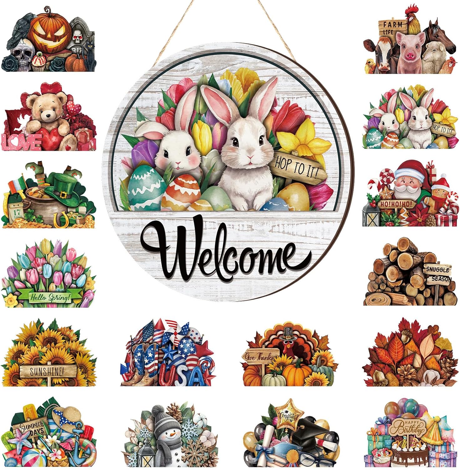 Yousoontic 17 Pcs 12 Inch Magnetic Welcome Door Sign Interchangeable Front Door Decor Rustic Easter Seasonal Hanging Sign Valentine's Day Decor for Home Warming Gift(Classic Color,Welcome)