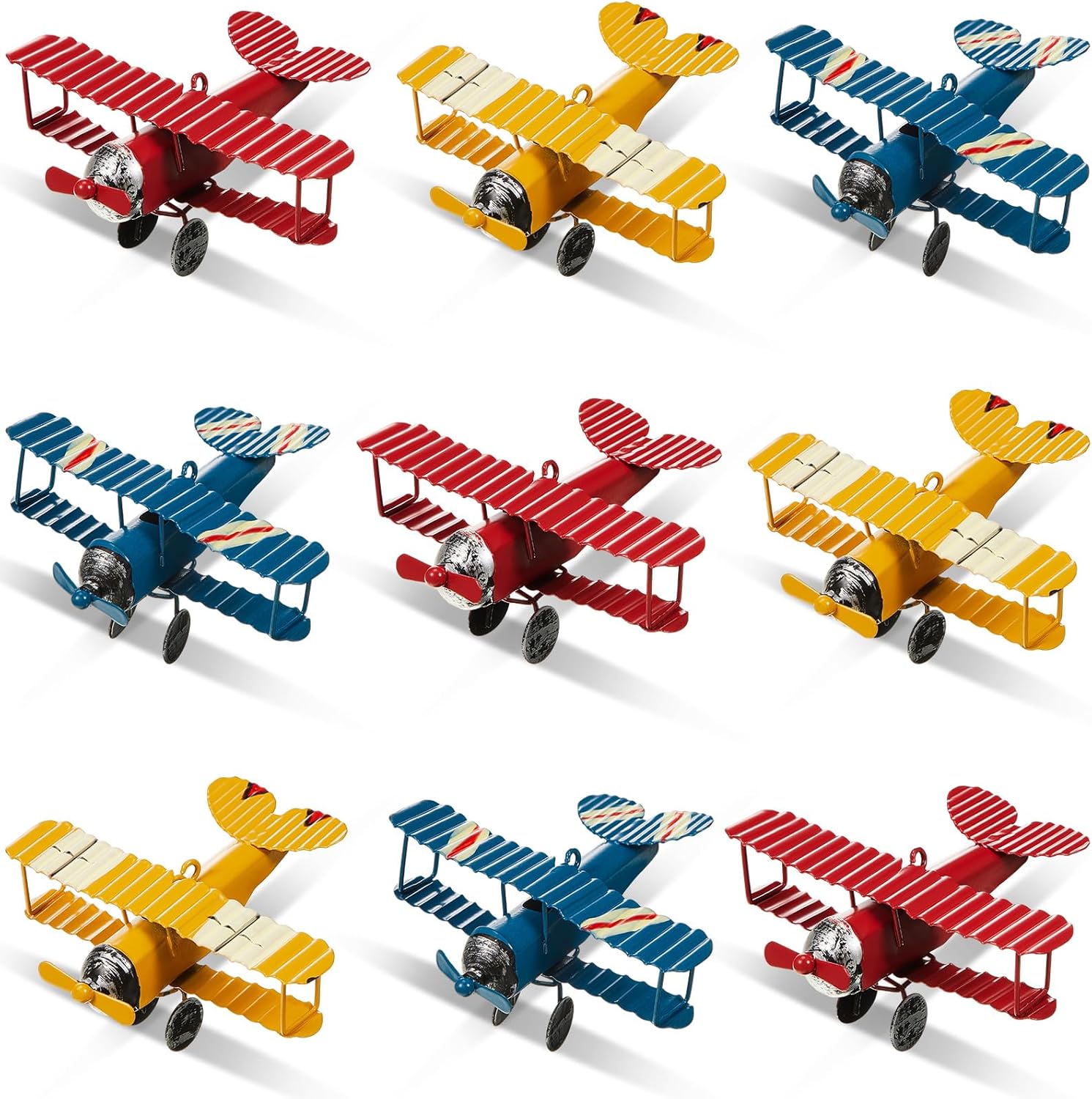 Therwen 9 Pcs Metal Airplane Decorations Hanging Iron Biplane Vintage Airplane Models Retro Plane Aircraft for Christmas Birthday Home Decor Room Desktop Ornament Photo Props, Red Blue Yellow