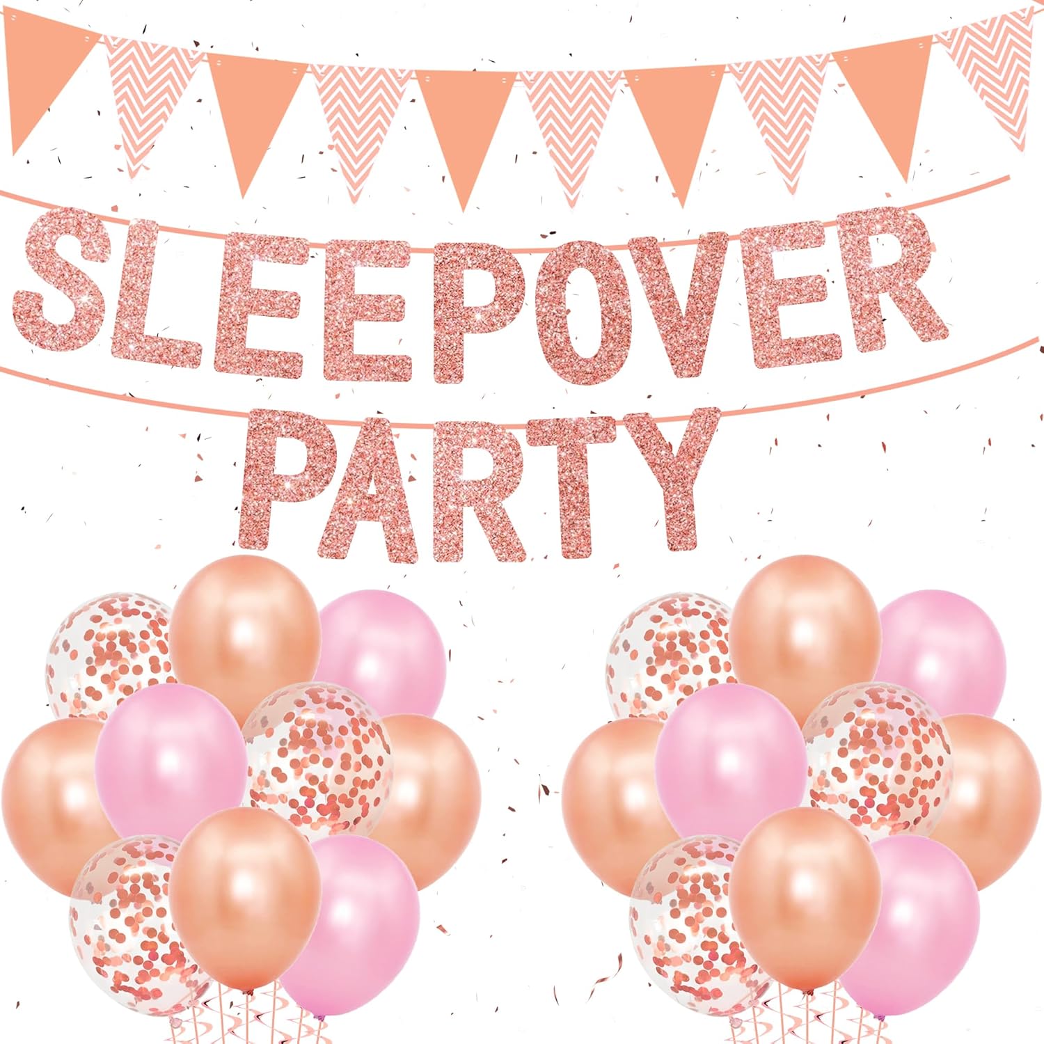 Sleepover Supplies for Girls - Rose Gold Banner, Bunting Flags, Garlands Decoration, 12 Inch Confetti and Latex Balloons Set for Girls Night Spa Pamper Slumber Party