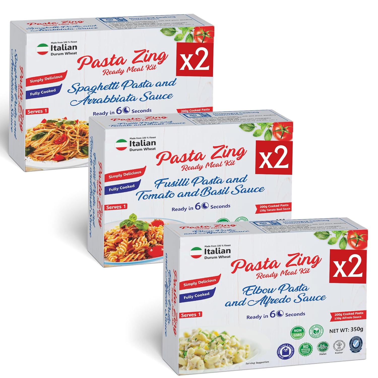 Pasta Zing Ready Meal Variety Pack – 12.3 oz (Pack of 6) | 2 Each: Elbow, Fusilli & Spaghetti Pasta with Flavored Sauces | Microwave in 55 Seconds | 100% Italian Durum Wheat | Quick Dinner or Side Dish