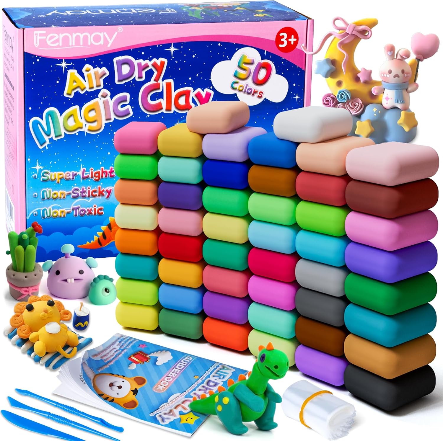 Air Dry Clay, 50 Colors Modelling Clay Kit, Ultra Light Non-Toxic Air Drying Clay for Kid, Magic Clay with 3 Clay Tools & Guidebook, Arts and Crafts Kits for Kids Boys Girls Toys