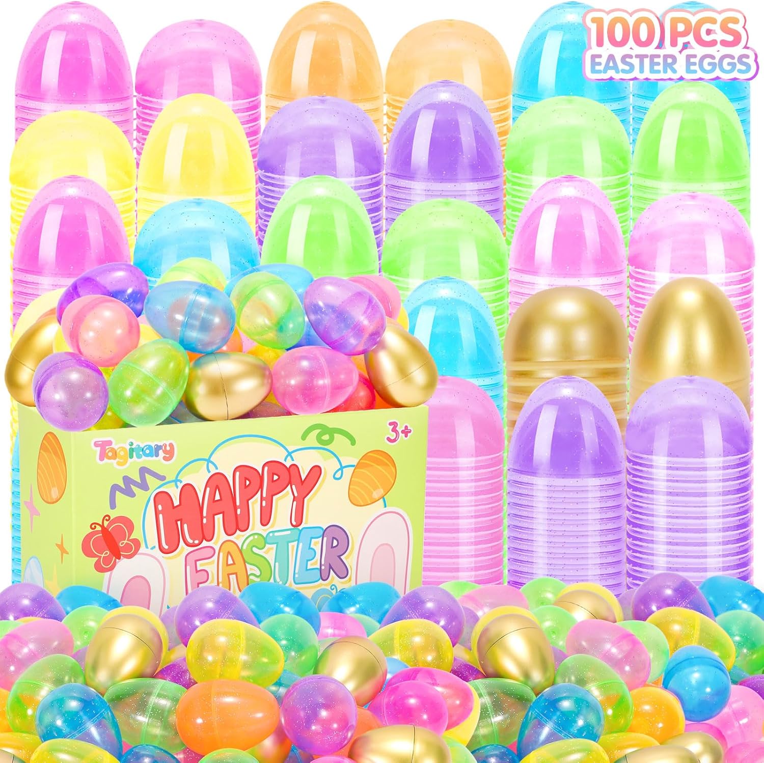 Tagitary Easter Eggs Set 100PCS,Colorful Bright Easter Egg Fillable Include 10 Golden Eggs,Empty Bulk for Easter Theme Party Favors for Kids,Perfect for Easter Egg Hunt Basket Stuffers Classroom Prize
