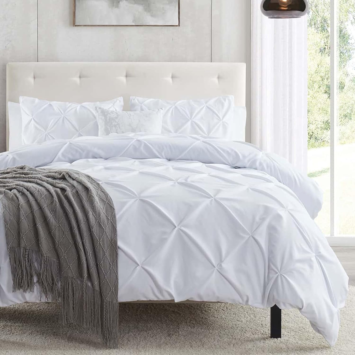 Nestl White Duvet Cover Queen Size - Soft Double Brushed Duvet Set with Button Closure & Corner Ties, 3 Piece Luxurious Pinch Pleated Duvet Cover Set 90x90 Inches with 2 Pillow Shams